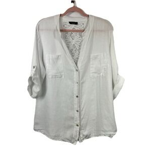 Cherishh Italy White Linen Crochet Back Tunic Blouse Lagenlook Boho Coastal L